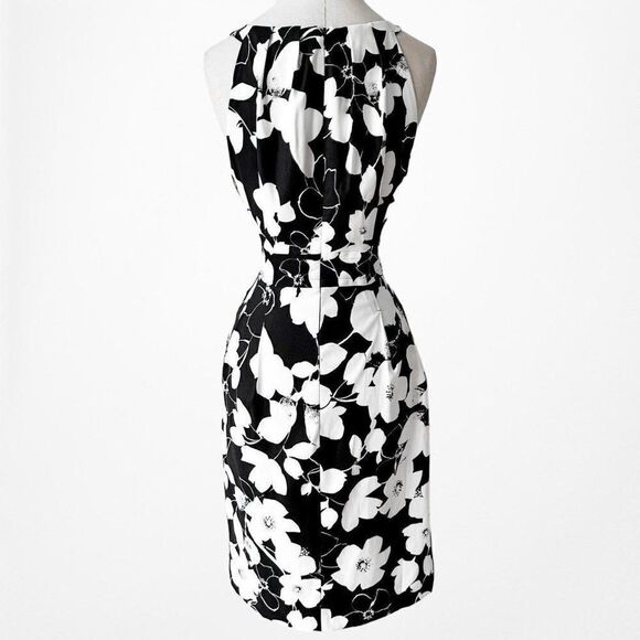 Roz Ali Black White Floral Pleated Flared Knee Length Cocktail Dress Size M - Picture 4 of 7